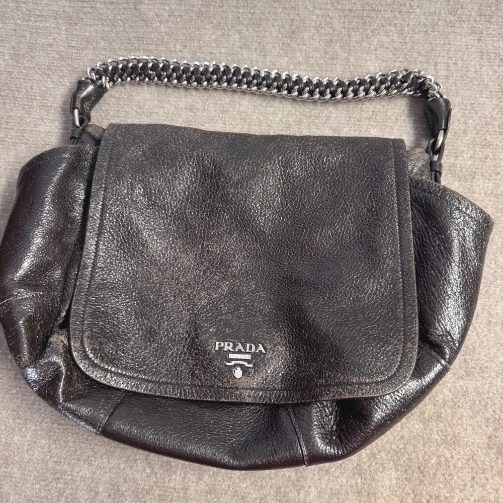 Prada Cervo Lux Leather Chain Shoulder Bag Women Metallic Distressed Flap Luxury - Picture 2 of 14